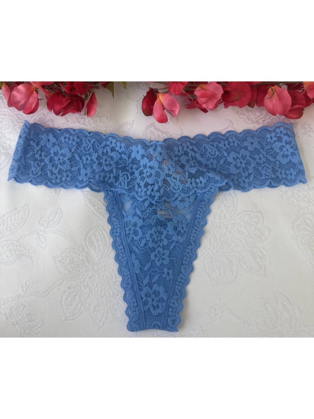 VICTORIA'S SECRET XS SUMMER TURQUOISE BLUE LACE WIDE STRING THONG PANTIES NWT